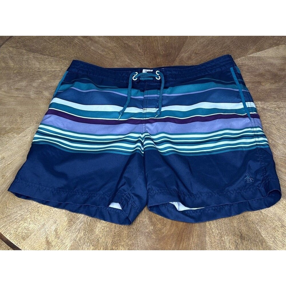 Original Penguin Striped Swim Trunks Mens Size 33 Blue Teal Purple Board Shorts